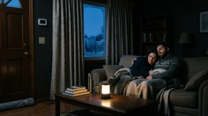 Family staying warm in one room during a winter power outage with blankets and a lantern