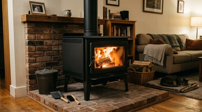 Wood stove on a proper hearth pad with ash bucket nearby