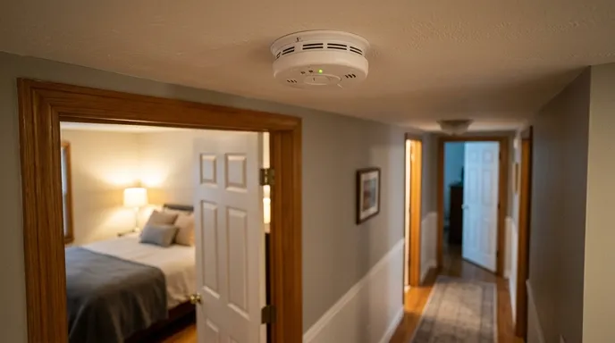Carbon monoxide and smoke alarm mounted in a hallway outside bedrooms