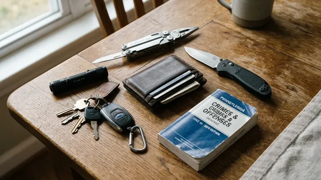 Common everyday carry items arranged beside legal reference materials