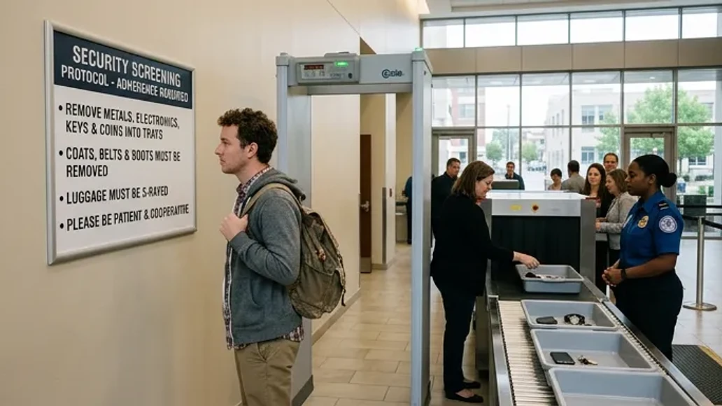 Security checkpoint at a public building with posted rules