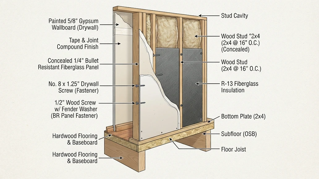 Cross-section of a wall with concealed bullet resistant panel behind drywall