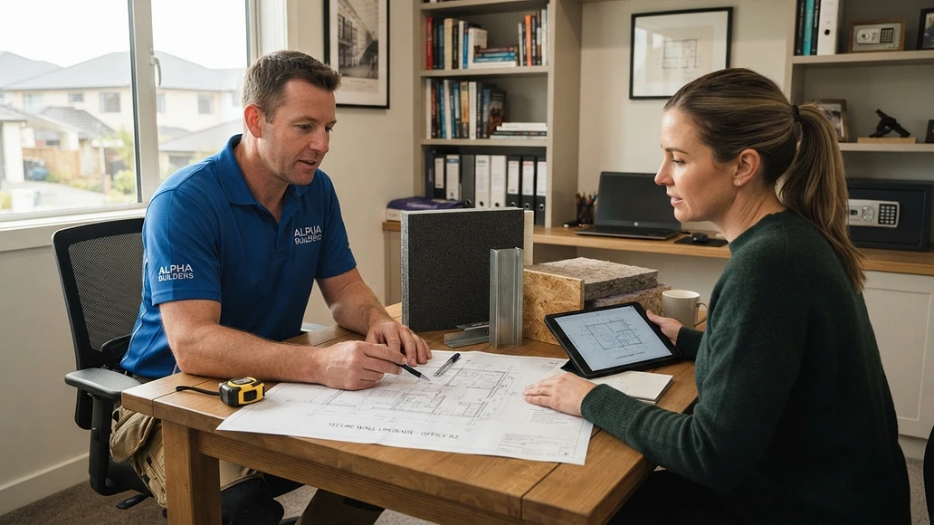 Homeowner and contractor discussing secure wall system plans