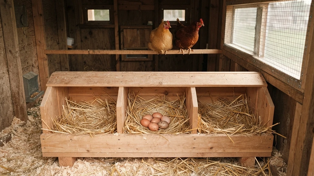 Clean nest boxes with freshly laid eggs in a well-kept backyard coop