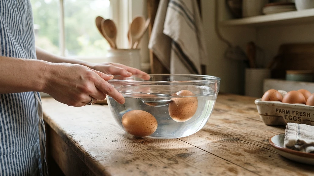 Float test being used to check the freshness of backyard eggs
