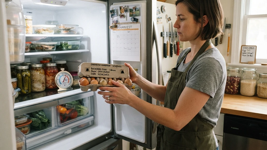 Backyard eggs being labeled and refrigerated in a home kitchen