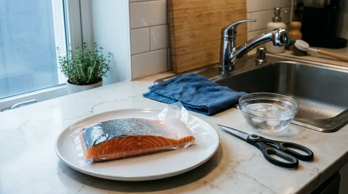 Vacuum sealed fish fillet prepared for safe thawing with package label visible but unreadable