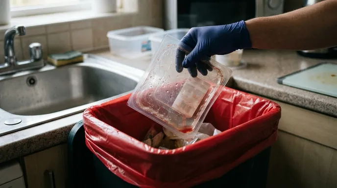 Discarding a questionable vacuum sealed meat package in the trash
