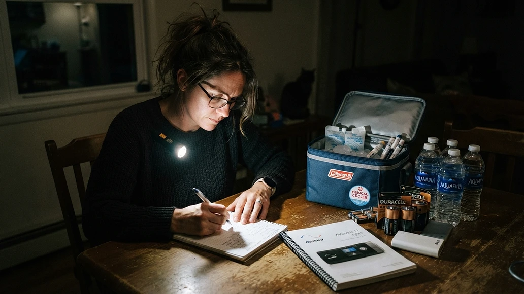 Person reviewing medications and backup supplies during a blackout