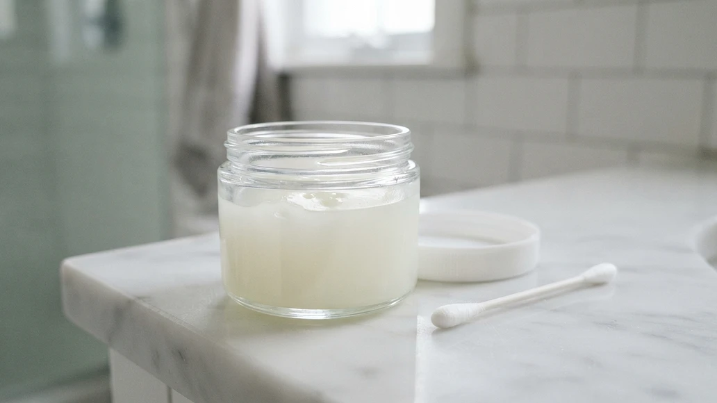 Open jar of petroleum jelly on a clean counter