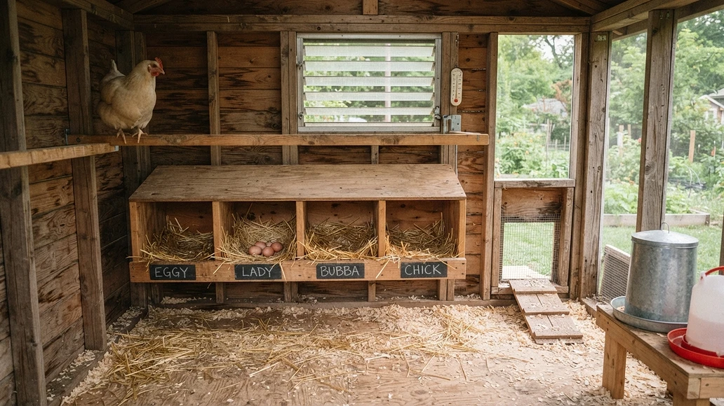 Clean nest boxes with fresh eggs in a well-kept chicken coop