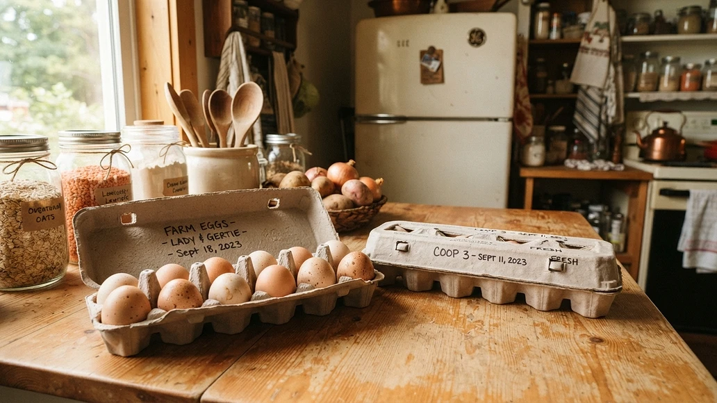 Collected backyard eggs labeled by date for safer storage