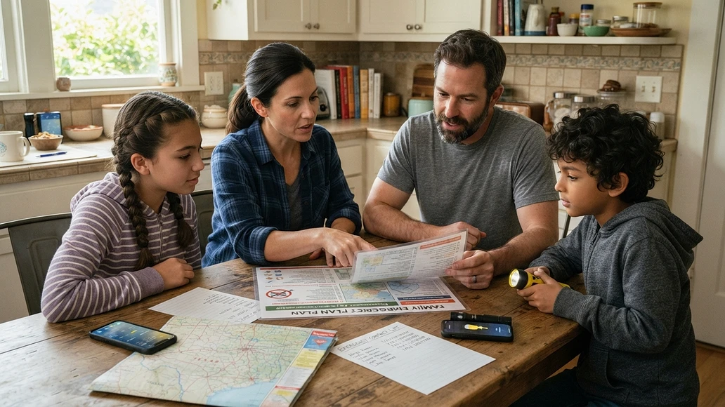 Family reviewing an emergency plan at a kitchen table