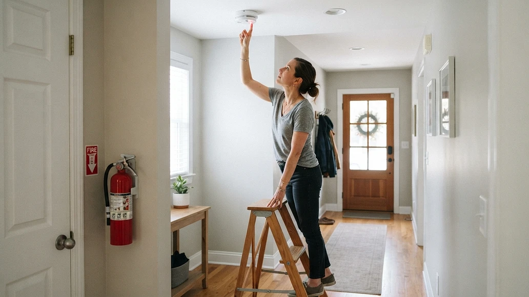 Person testing a smoke alarm during a home safety check