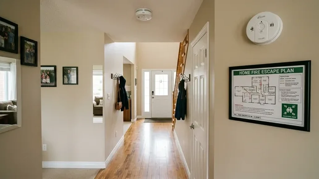 Smoke alarms and a home fire escape plan in a hallway