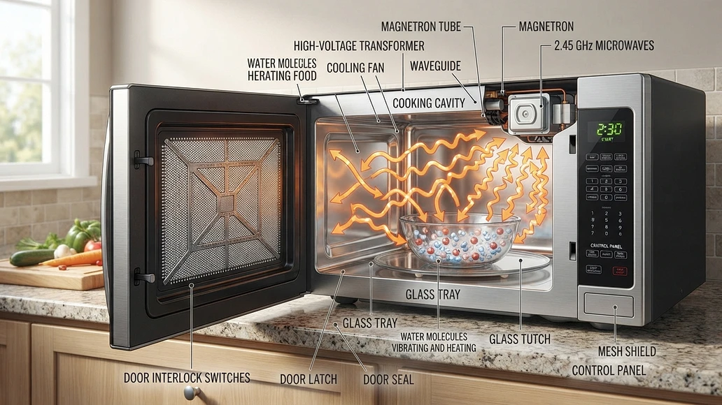 Cutaway view of a microwave oven showing how the metal cavity and door mesh contain microwave energy