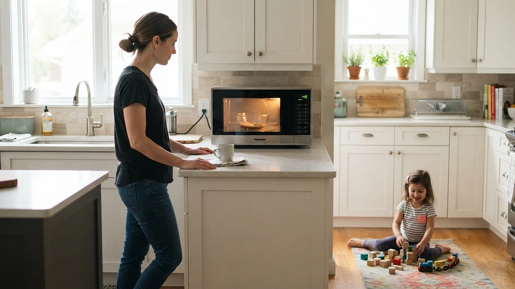 Safe everyday microwave use in a home kitchen with proper distance and supervision