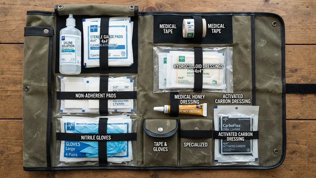 Prepared emergency wound care kit with standard supplies and an optional charcoal dressing
