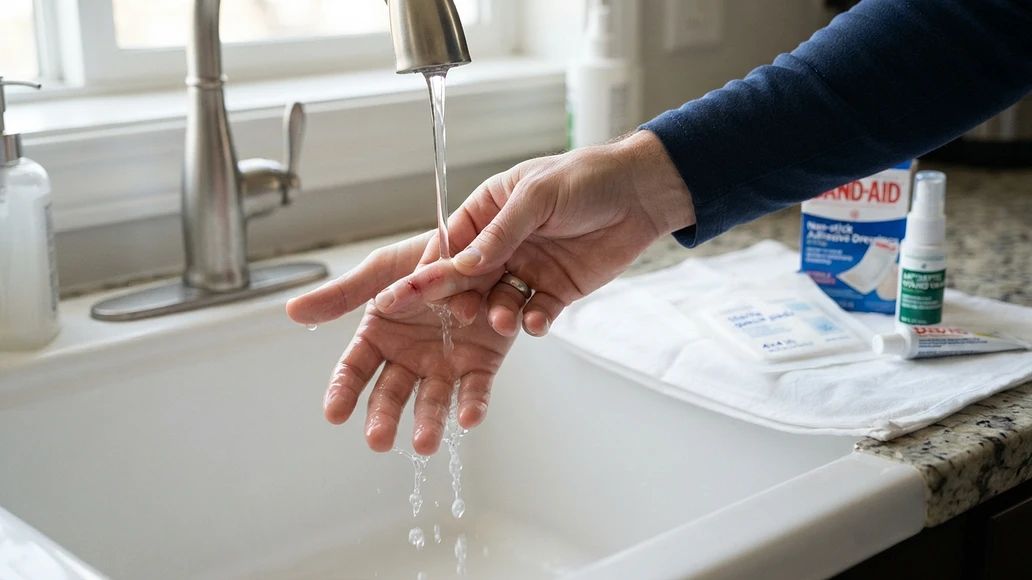 Rinsing a small cut under clean running water before bandaging