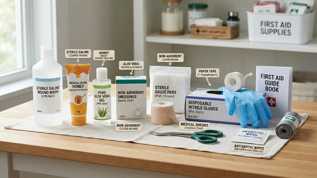 Safe wound care supplies including medical-grade honey, aloe, saline, and dressings