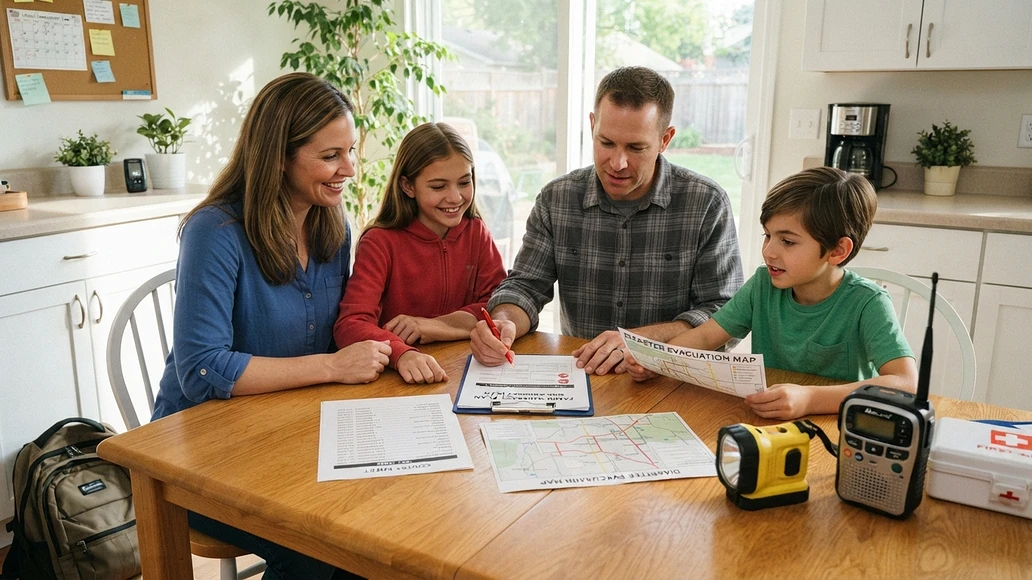 Family reviewing an emergency plan at the kitchen table