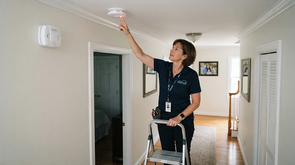 Adult testing a smoke alarm during a home safety check