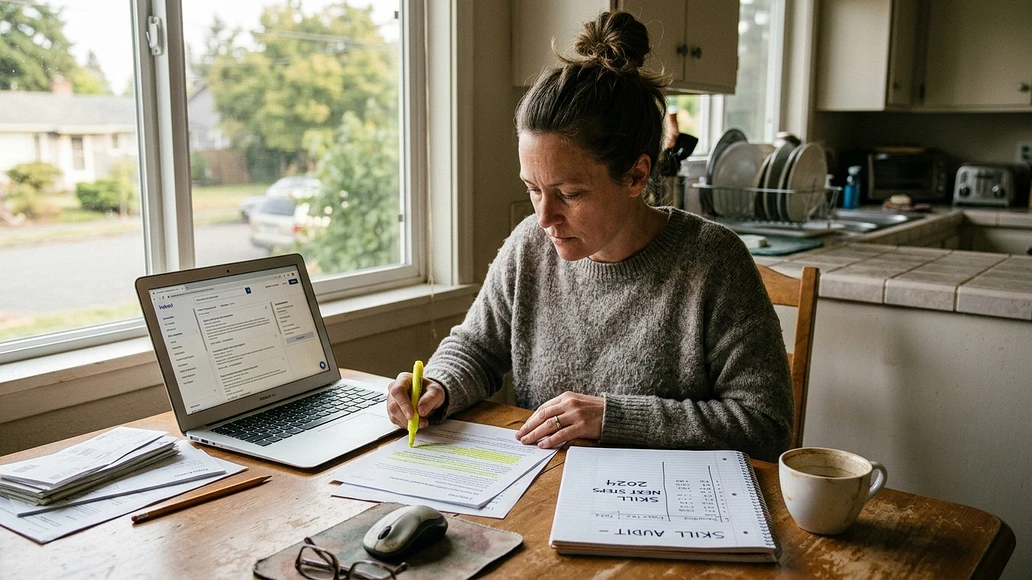 Adult reviewing job postings and making a vocational skill audit at home