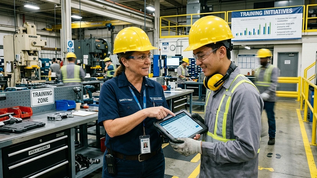 Worker receiving coaching and feedback during hands-on vocational training