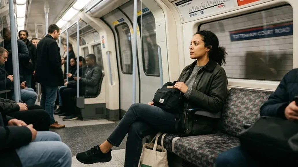 Person riding public transit in ordinary clothing while staying quietly aware of surroundings