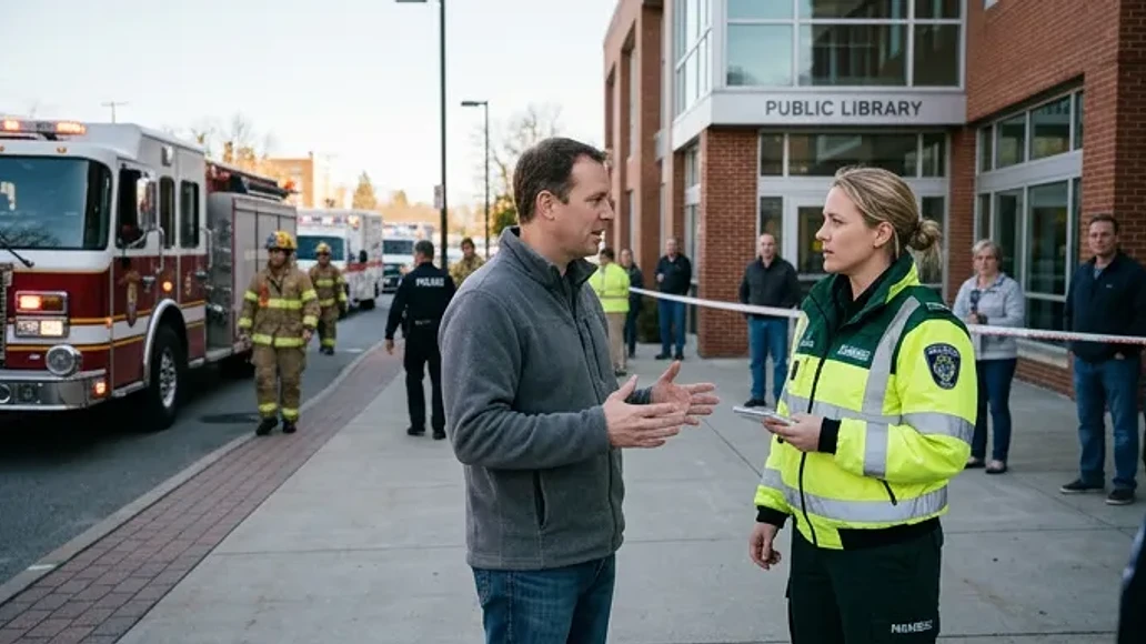 Civilian calmly communicating with a first responder during an emergency