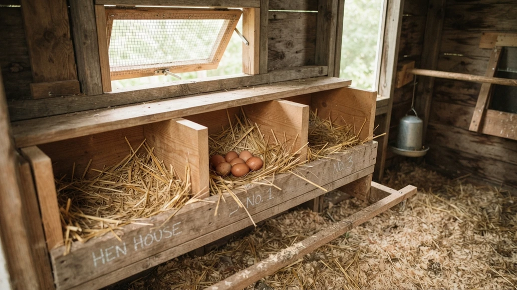 Clean nest boxes with freshly laid eggs in a well-kept chicken coop
