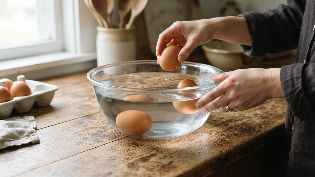 Float test showing different egg positions in water for freshness checking