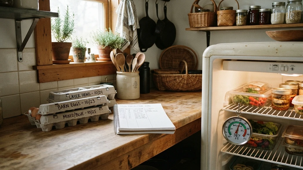 Organized egg storage setup with labels and refrigerator temperature tracking