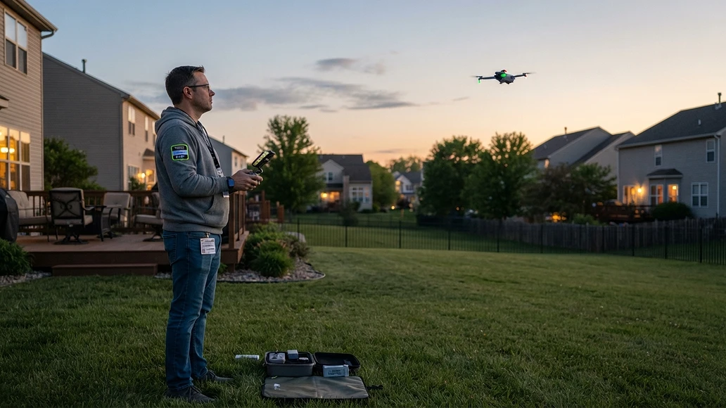 Drone pilot maintaining visual line of sight in a suburban yard