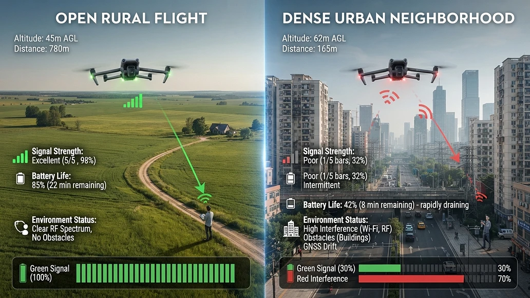 Comparison of drone range in rural and urban environments
