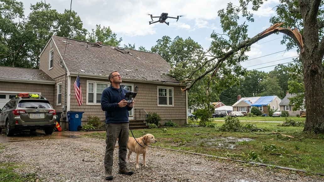 Homeowner using a drone for storm damage assessment