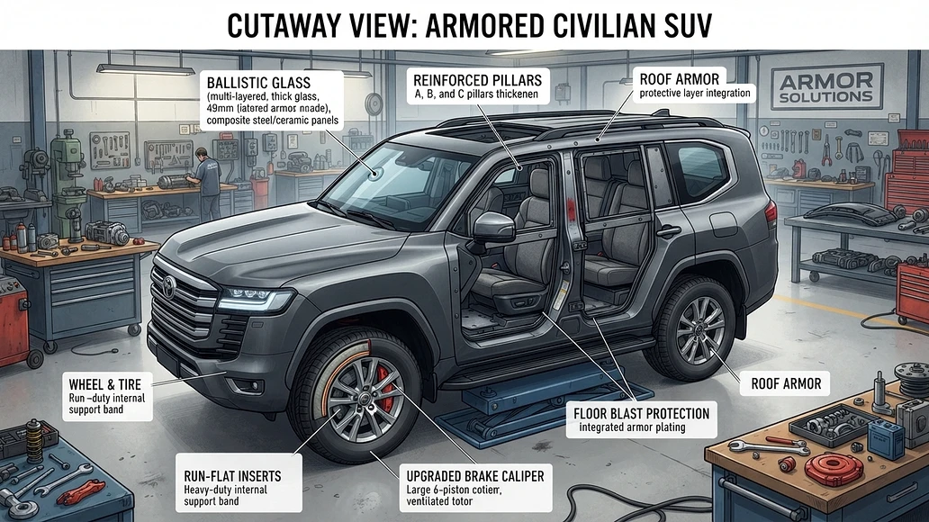 Cutaway view of an armored SUV showing major protection components