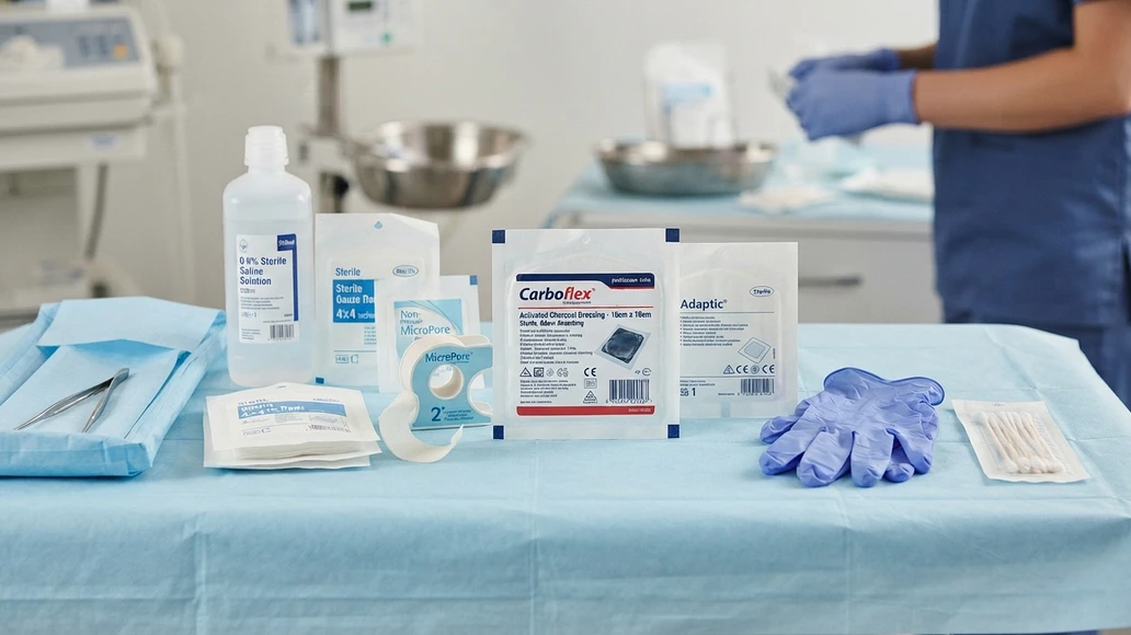 Medical-grade wound care supplies including a charcoal dressing beside standard sterile dressings