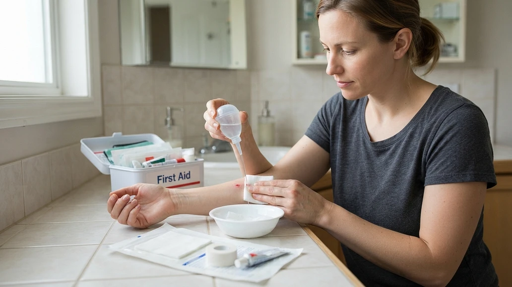 Basic wound care with irrigation and a clean dressing for a minor cut