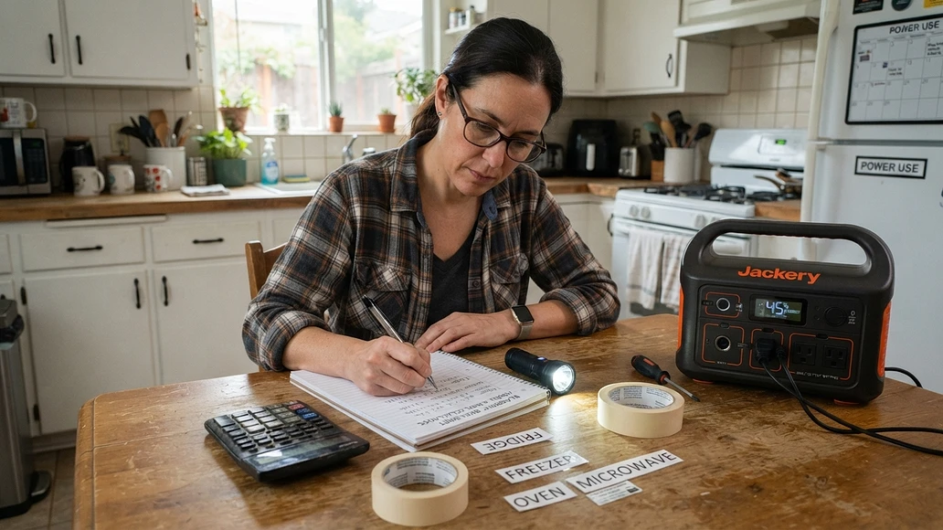 Homeowner calculating essential power needs during outage planning