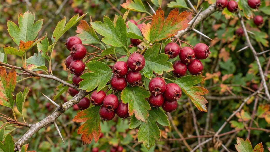 Ripe hawthorn berries and leaves on a thorny branch