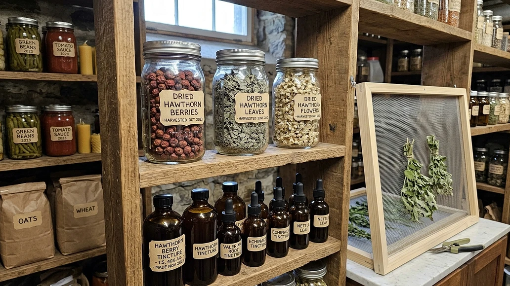 Stored hawthorn in jars and bottles in a home apothecary