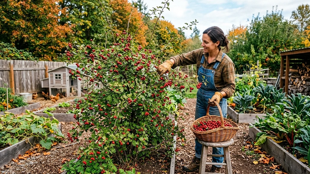 Harvesting hawthorn from a backyard shrub as part of a preparedness garden