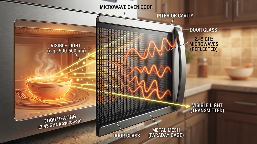 Close-up of a microwave oven door mesh illustrating how it blocks microwave energy while allowing light through