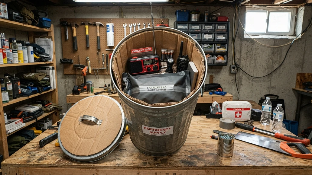 DIY preparedness setup showing better Faraday storage options than a microwave oven