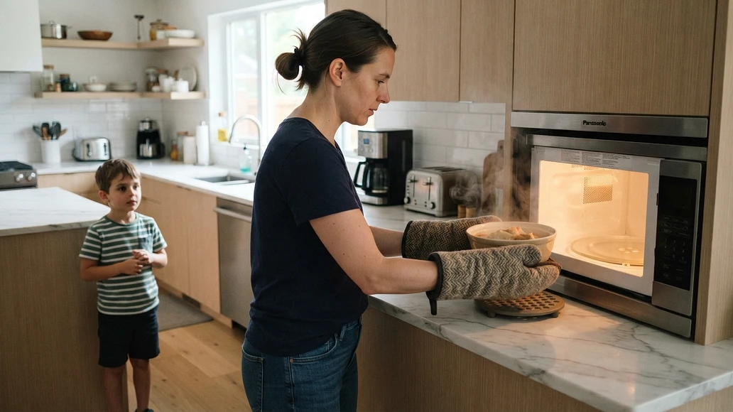 Safe microwave use in a family kitchen with attention to burns and child safety