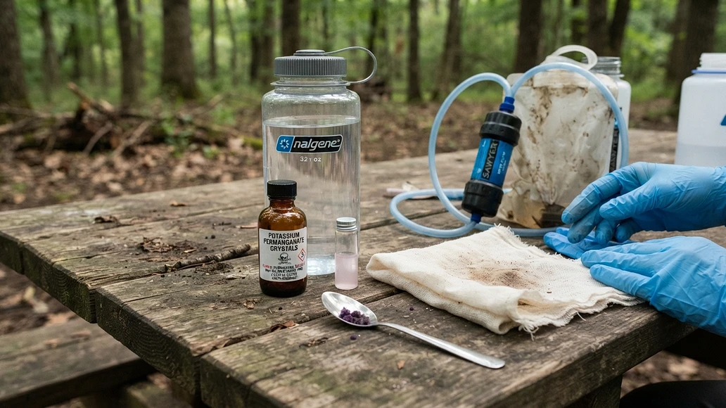 Emergency water treatment setup showing potassium permanganate as a backup method beside safer filtration tools