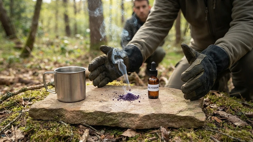 Controlled demonstration of potassium permanganate fire starting with proper safety precautions