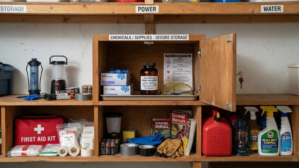 Safe home storage setup for potassium permanganate with labels and protective gear