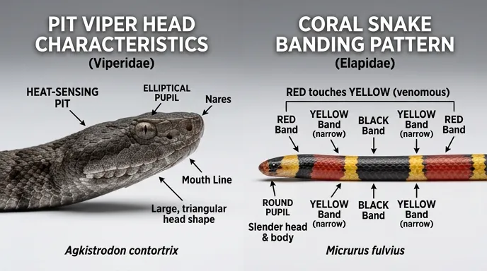 Comparison chart showing pit viper head shape versus coral snake red yellow and black banding